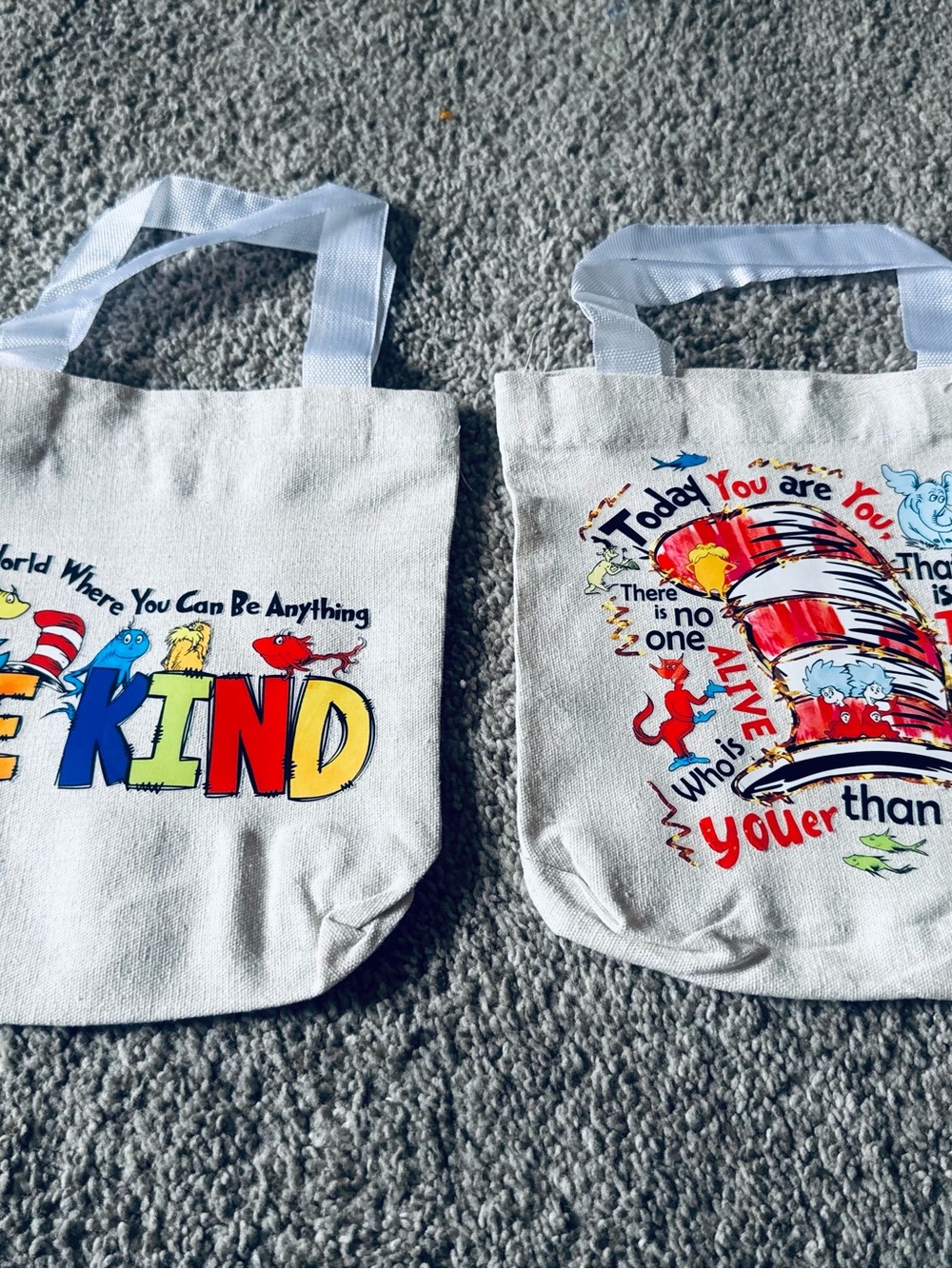 Dr. Seuss White Kids Tote Bags with Multicolor Character Print